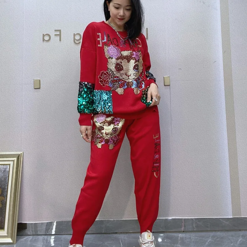 Женская одежда популярный вязаный костюм Новинка Осень 2024 брюки с длинным