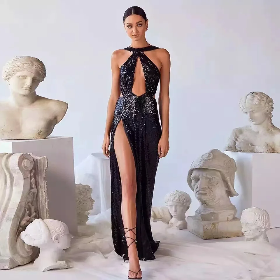 

Luxury Dresses Women designers Elegant 2022 Runway Sexy Halter Key Hole High Split Sequined Party Dress Birthday Clebrate