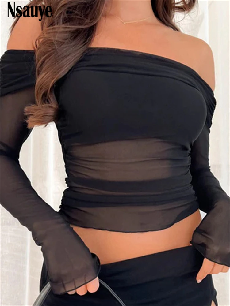

Nsauye Mesh Sexy Long Sleeve White T Shirt Night Club Women Clothing 2023 Autumn Fashion See Through Crop Tops Streetwear 2023