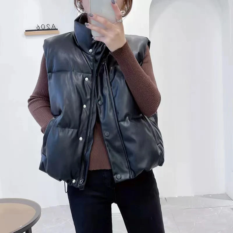 

PU Leather Coats Black Stand Collar Vests Women Fashion Zipper Women Elegant Autumn Winter Short Vests Female Ladies