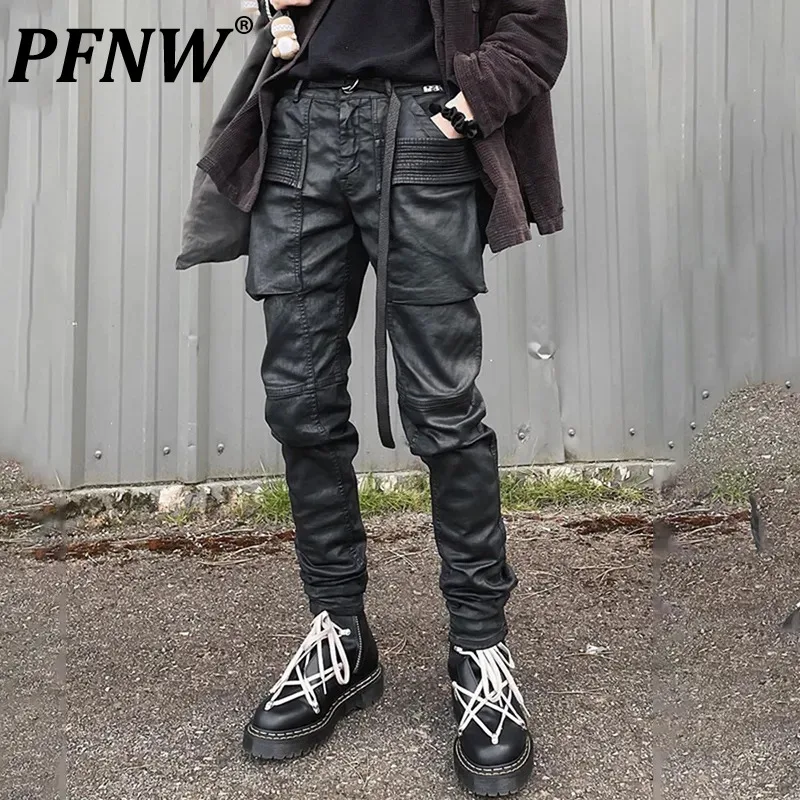 

PFNW Dark Black Coated Waxed Double Ring Jeans Men's Niche Style Spliced Cargo Pants Slim High Street Denim Trousers 12A5802