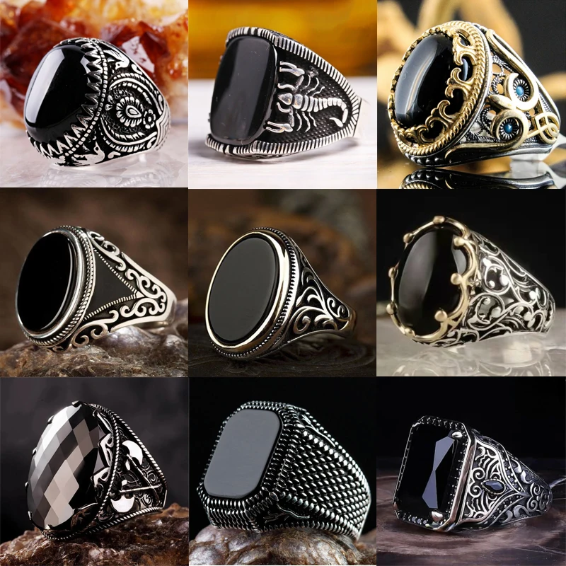 

New Punk Turkey Vintage Rings Geometric Oval Black Suitable for Anniversary Party Wedding Men's Rings High-end Luxury Jewelry