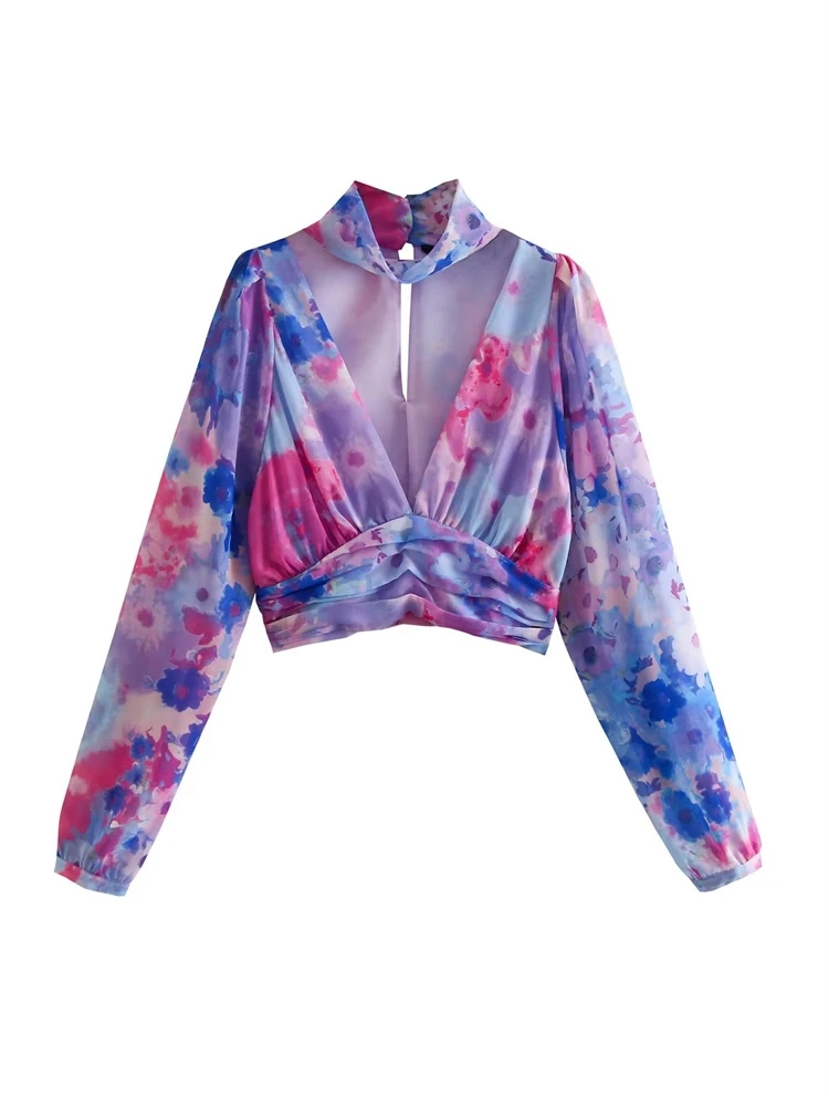 

V Neck Print Chiffon Short Smock Blouse Women Sexy Tie Dye Hem Pleat Side Zipper Shirt Blusas Femme Chic Crop Tops