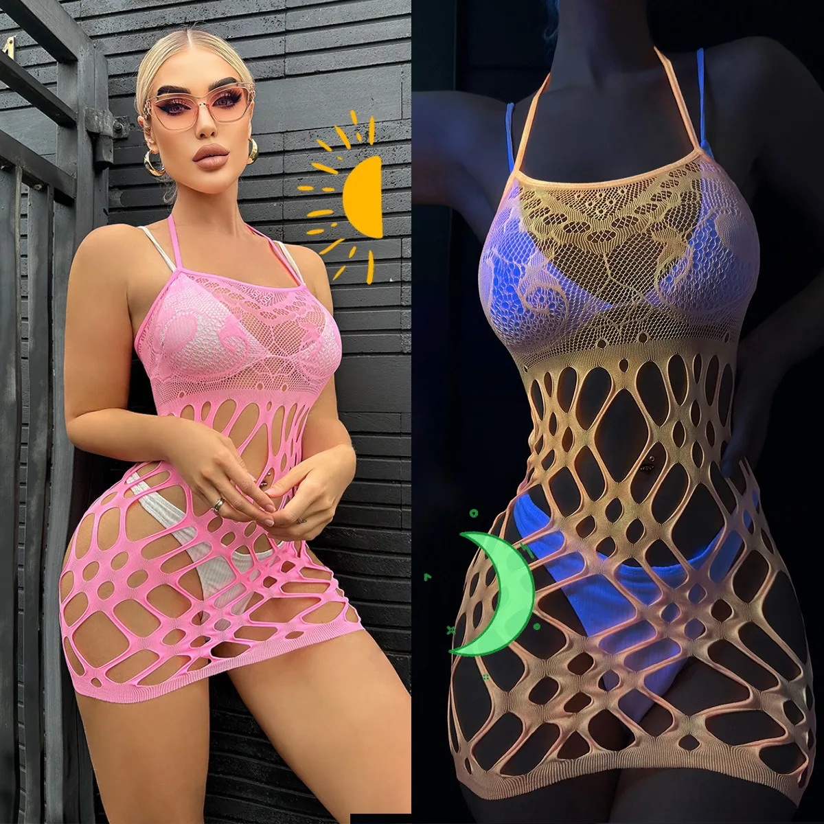 Новинка женское розовое нижнее белье платье с вырезами блестящее боди-чулок для