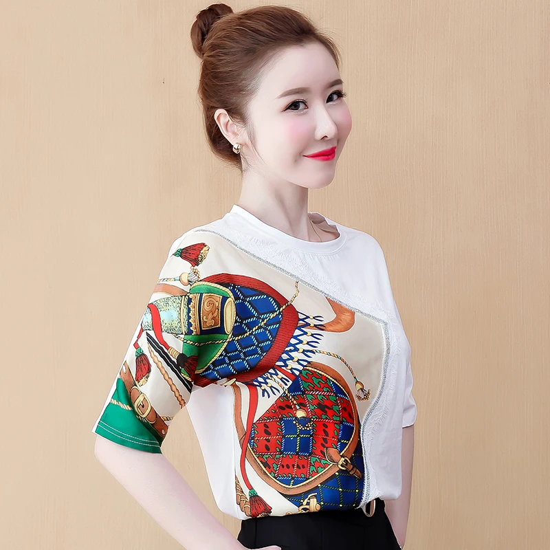 

2021 Summer Top Vintage Print Patchwork Loose T Shirt Women Short Sleeve Hot Drilling Tee Shirt Femme Fashion White Black tshirt