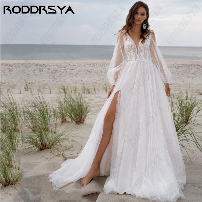 

RODDRSYA Boho Wedding Dresses for Woman Sexy High Split Puff Long Sleeves Bridal Gowns Elegant Backless Beach Vestido De Novia