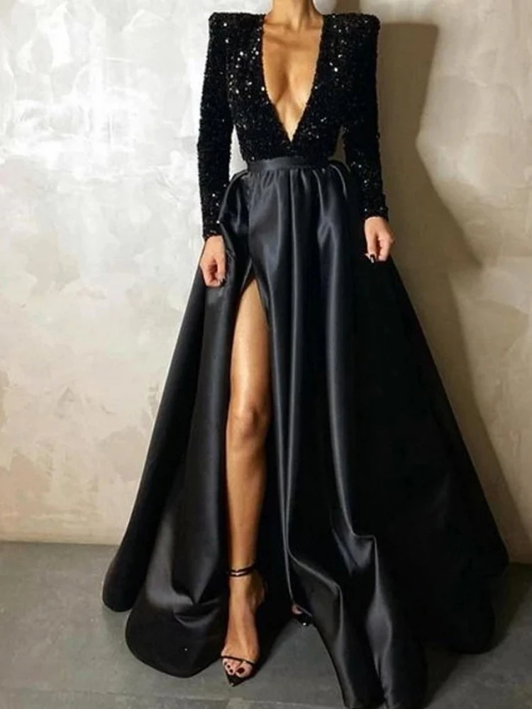 PLEINDI Luxurious Evening Dresses V-Neck A-LINE Long Sleeves Floor-Length Chiffon 2022 New of Sequined Exquisite Prom Wome Dress