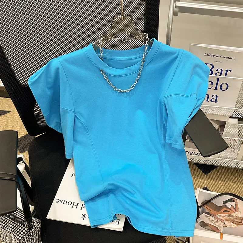 

SuperAen 2022 летняя Однотонная футболка с круглым вырезом Женская свободная повседневная одежда топ с пышными рукавами