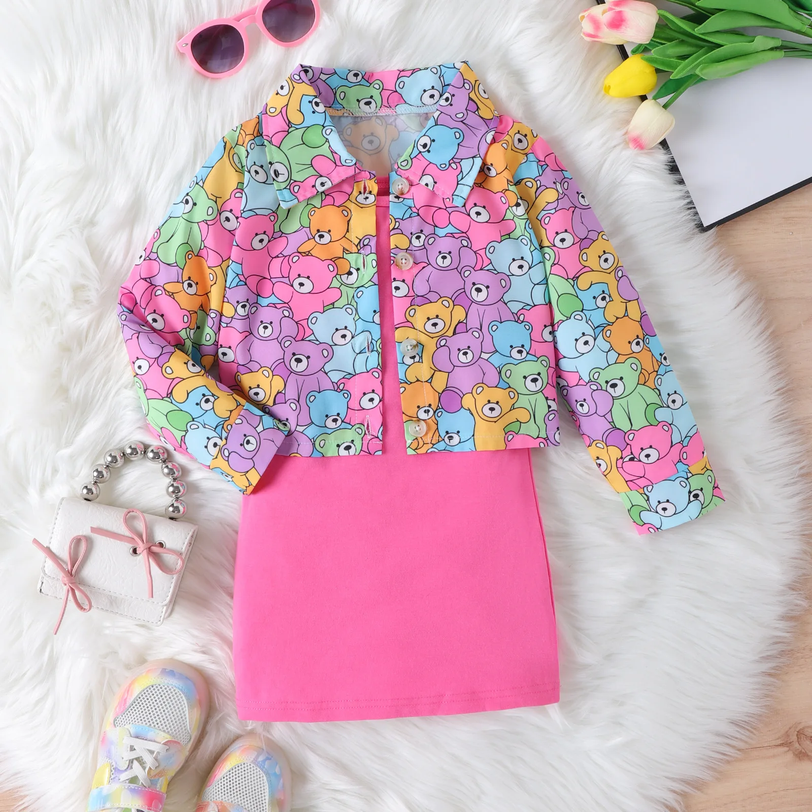 

4-7T Kids Girls Dress Korean Autumn Cartoon Little Bear Printed Long Sleeve Cardigan Coat+Knitted Strap Dress Girls Suit Clothes