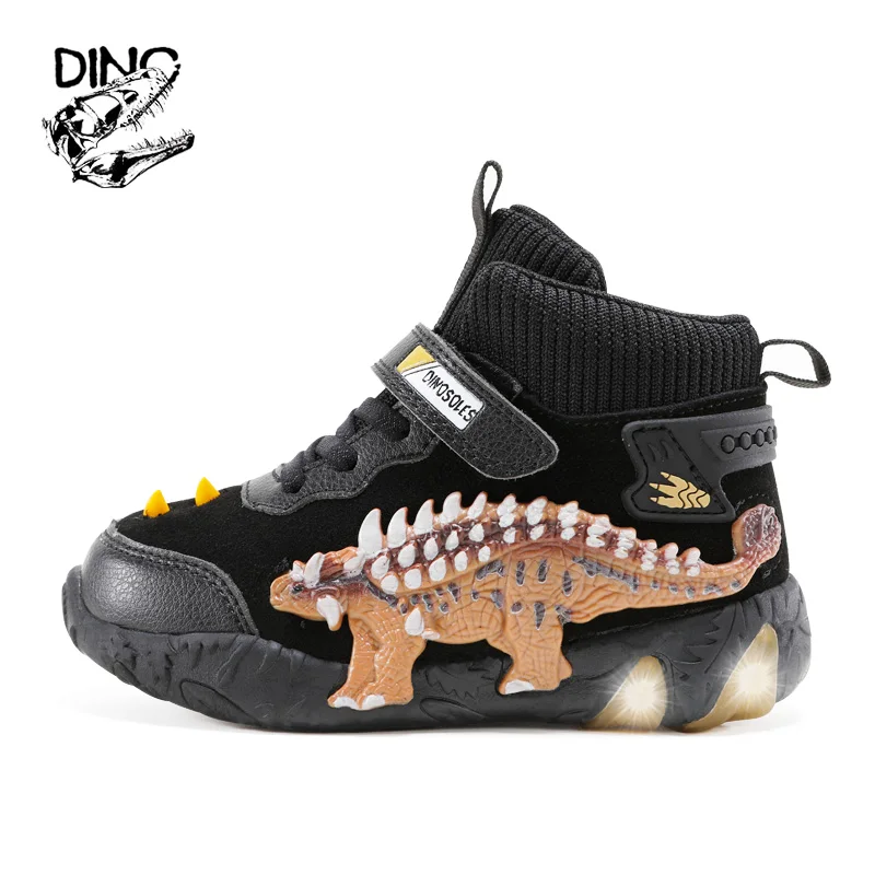 DINO LED Autumn Winter 2-6Y Children Boys Dinosaur Shoes Genuine Leather 2022 Little Kids Light Up Casual Ankle Glowing Sneakers