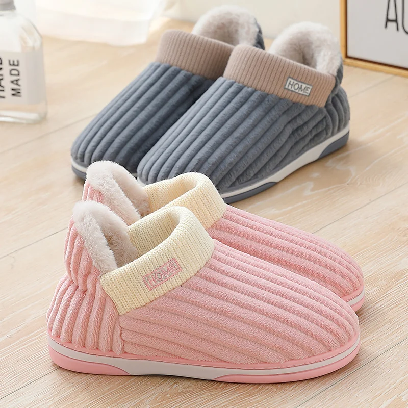 

Зимние женские тапочки в полоску, плюшевые домашние ботинки из хлопка, уличная мягкая обувь на плоской толстой платформе, нескользящая подо...