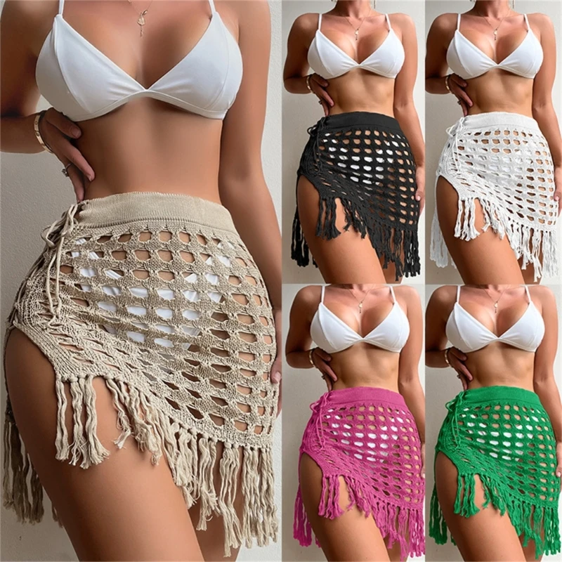 

Womens Crochet Swimsuit Cover Up Hollow-Out Knit Fishnet Tassels See-Through Beach Sexy Mini Skirt Split Sarong Swimwear