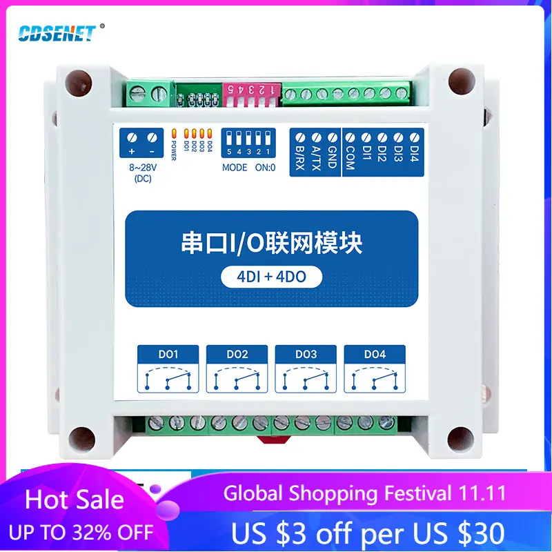ModBus RTU Serial IO Module RS485 Interface 4DI+4DO 4 Digital Outputs CDSENET MA01-AXCX4040 Rail Installation 8~28VDC