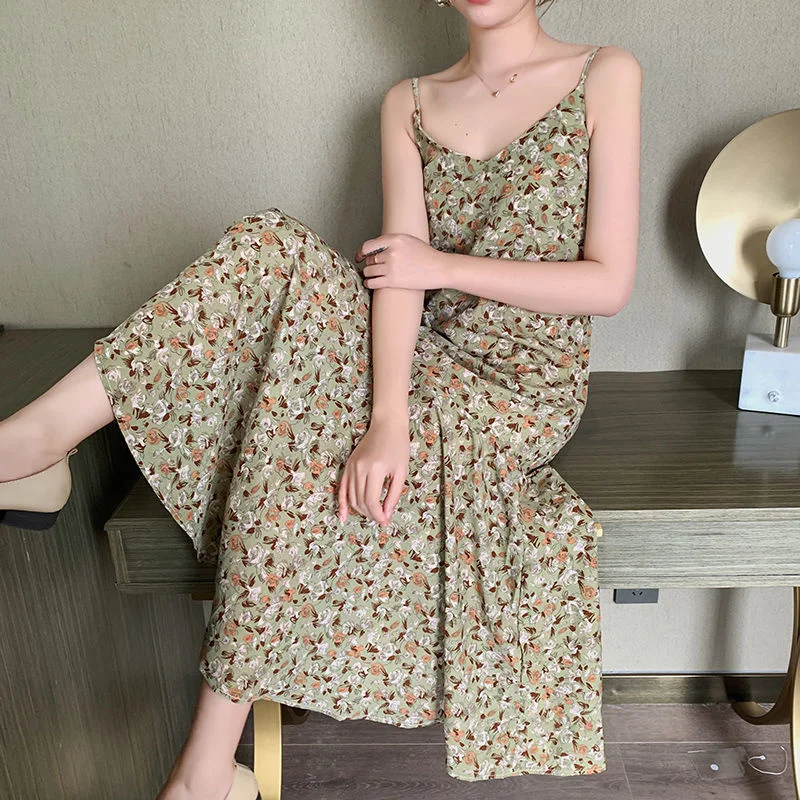 

Women Retro Floral Print High Waist Midi Dress Sexy V Neck Sleeveless Ruffles Dress Summer Sling Backless Lady Dresses Vestidos