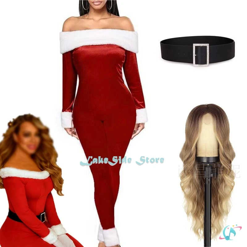 Women Mariah Cosplay All I Want for Christmas Theme Party Red Outfit Costume Jumpsuit Onsie Xmas Funny Roleplay New Year Clothes