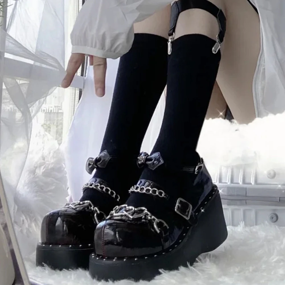 

New Sweet Platform Chunky Wedges Punk Goth women's Pumps Chain Cosplay Lolita Chian Marry Janes High Heels Pumps Woman Shoes