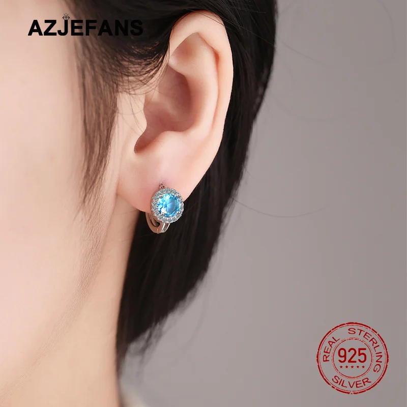 Фото Серьги AZJEFANS из стерлингового серебра S925 с синим цирконом, круглой формы, изысканные ювелирные изделия №5