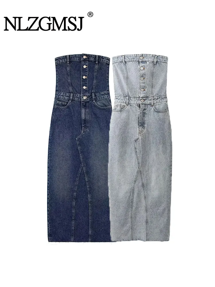 

Платье женское джинсовое длинное с открытой спиной и открытыми плечами