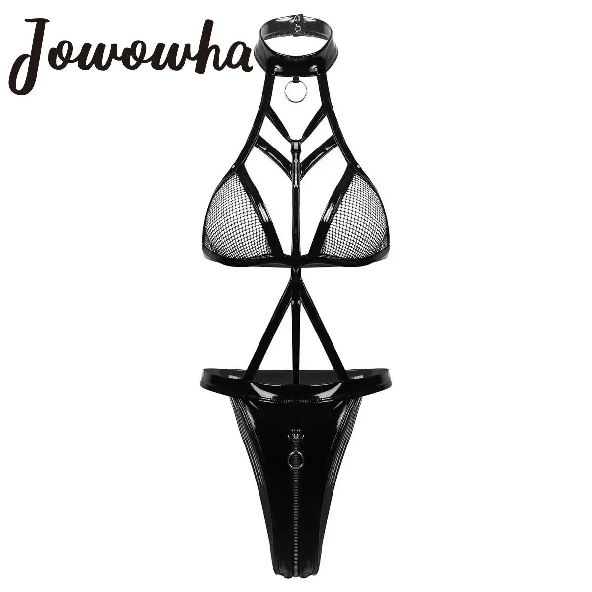 

Womens Exotic Teddies Wet Look Patent Leather Lingerie Halter Neck Fishnet Cups Zippered Open Crotch High Cut Bodysuit Nightwear
