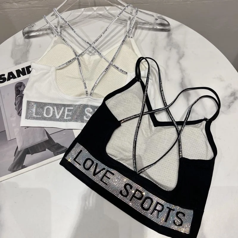 

Cross Back Sequins Letter Bra Tank Tops Black White Summer Women Crop Tops