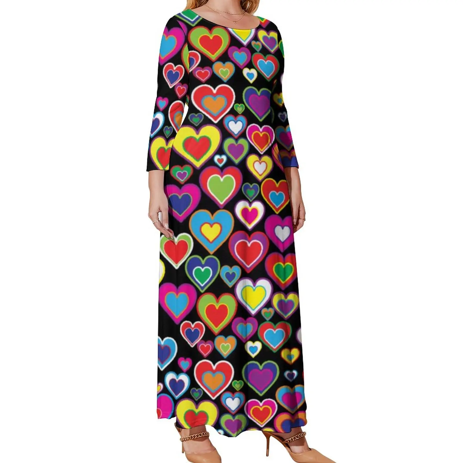 

Радужное платье с сердечками, весёлые яркие пляжные платья в уличном стиле бохо, модное Макси-платье с длинным рукавом, женское платье