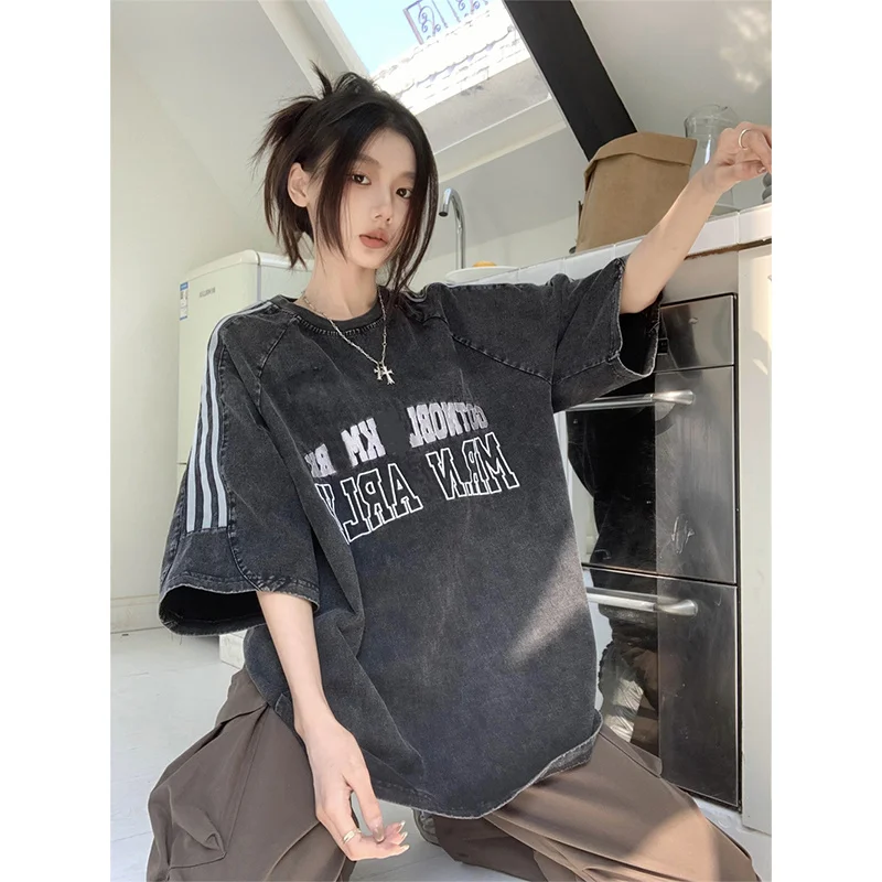 

Женская футболка средней длины, Свободный Топ с коротким рукавом и надписью, лето 2023