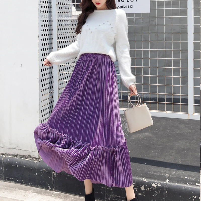 

Women Skirts Autumn Winter Fashion Patchwork A Line High Waist Pleated Skirt Casual Vintage Gold Velvet Maxi Skirts