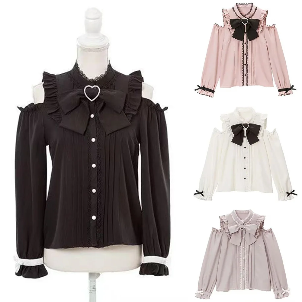 

2023 Long Sleeve Single-breasted Blouses O Neck Lace Patchwork Bowknot Off-shoulder Shirts Vintage Blusas Mujer