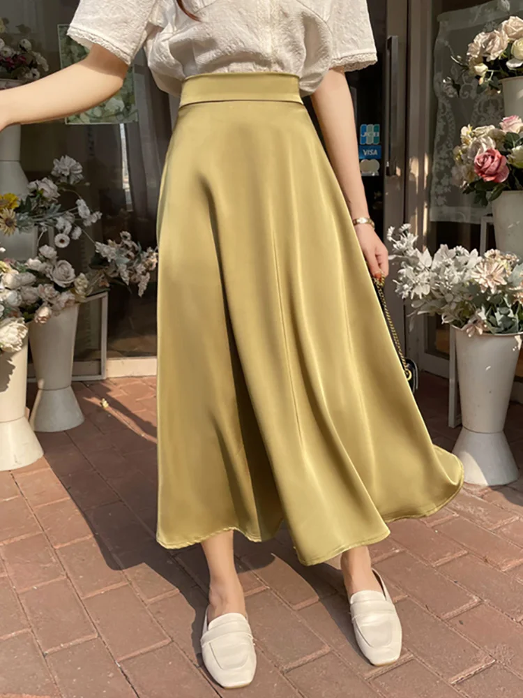 

Croysier Skirts Womens 2022 Office Lady Elegant Vintage Satin Skirt Women Clothing Elastic High Waist Casual A Line Midi Skirt