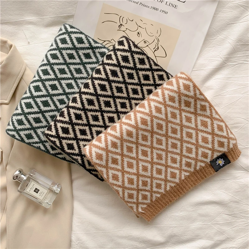 

2022 зимний теплый вязаный шарф для женщин в Корейском стиле клетчатый шерстяной шейный платок женский эластичный шейный платок новый шарф ...