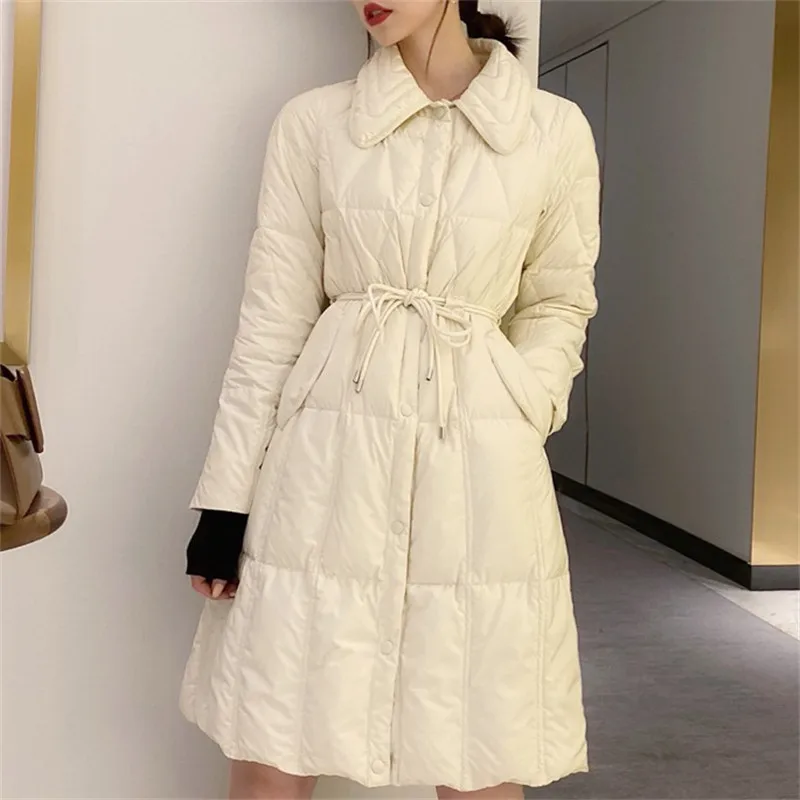 

2022 Winter New Mid-length Lace-up Slim Down Cotton Coat Fashion Black And Milky White Outer Wear Women's Jacket JD2195
