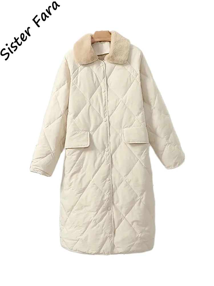 

Женское длинное приталенное пальто Sister Fara, хлопковая куртка с узором ромбиками, хлопковое пальто до колен с белой уткой, хлопковое пальто дл...