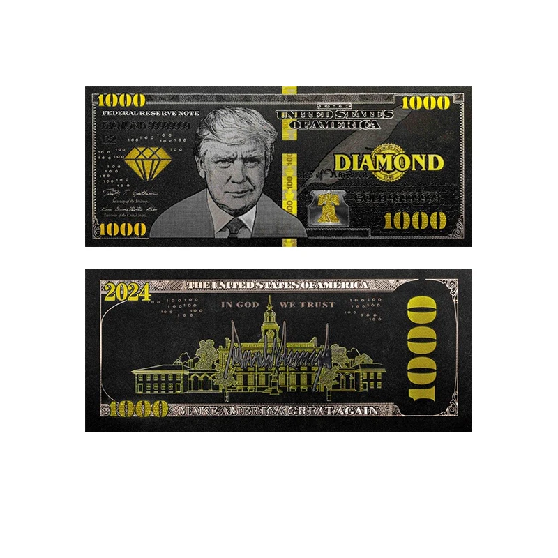 

2024 Black Gold Banknote US President Donald Trump DIAMOND USD $1000 Gold Foil US TRB GOLDEN CHECK Dollar Bill Money Collectible