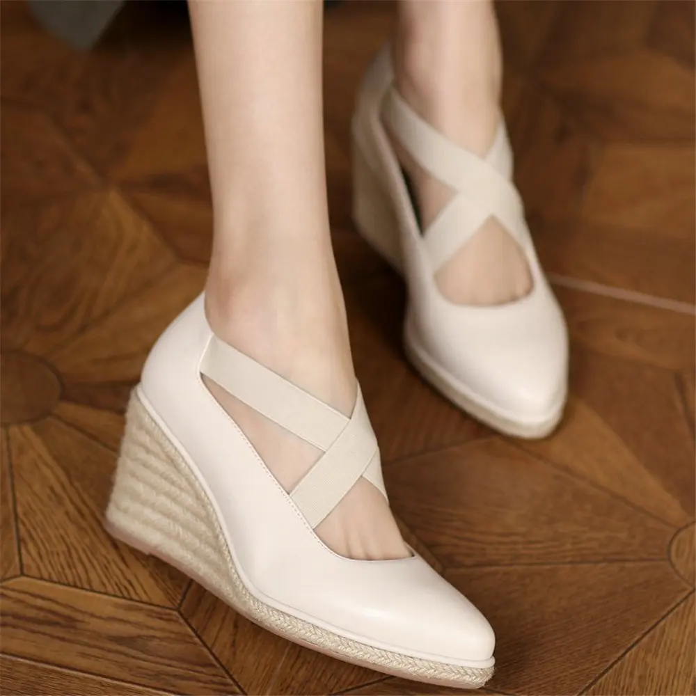 Mary Janes Loafers Women's Cow Leather Platform Wedge High Heels Pointed Toe Sandals Oxfords Casual Shoes