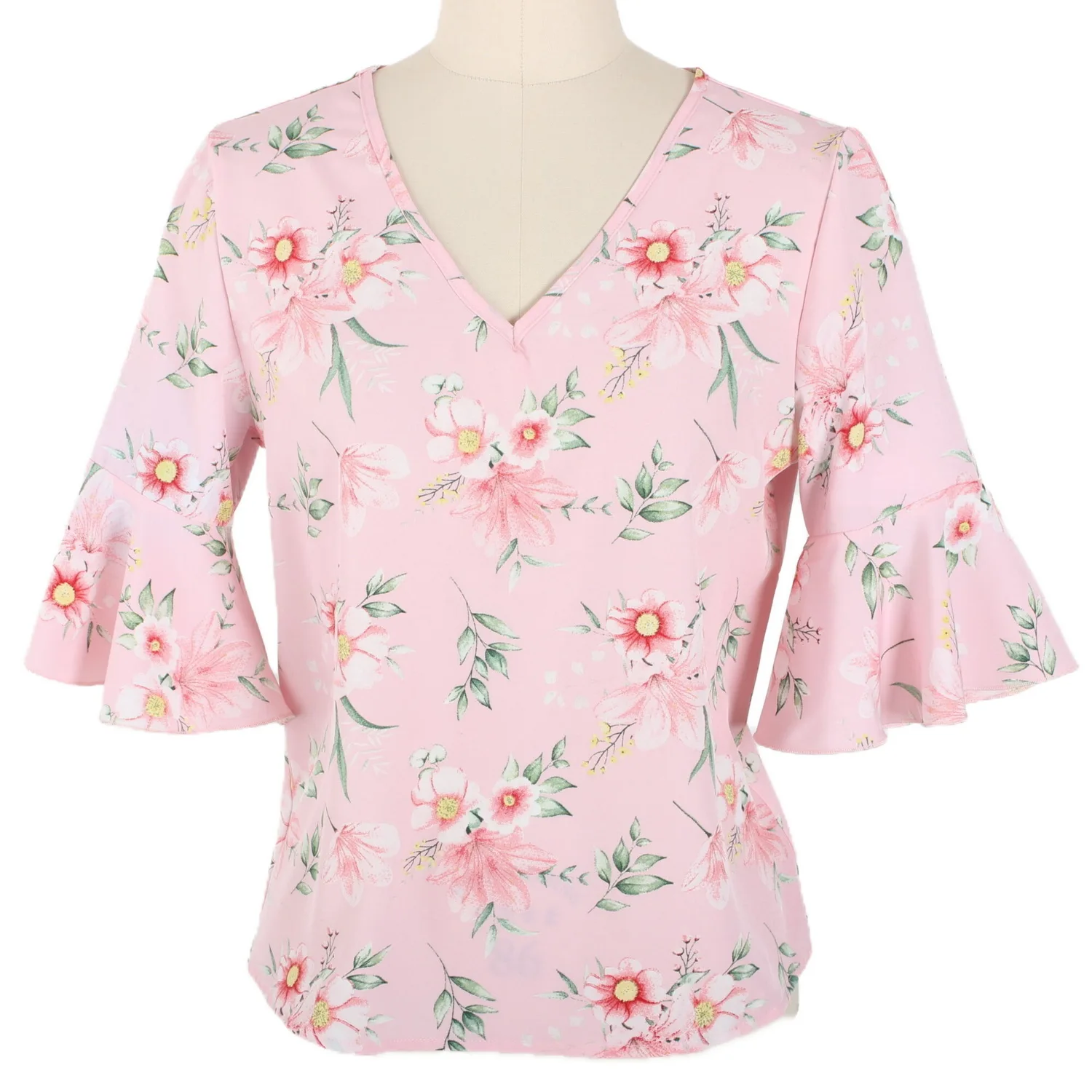 

All Over Floral Print Ladies Shirts Flounce Sleeve Ladies Blouses And Tops Women V-Neck Modeste Blouses Et Chemises