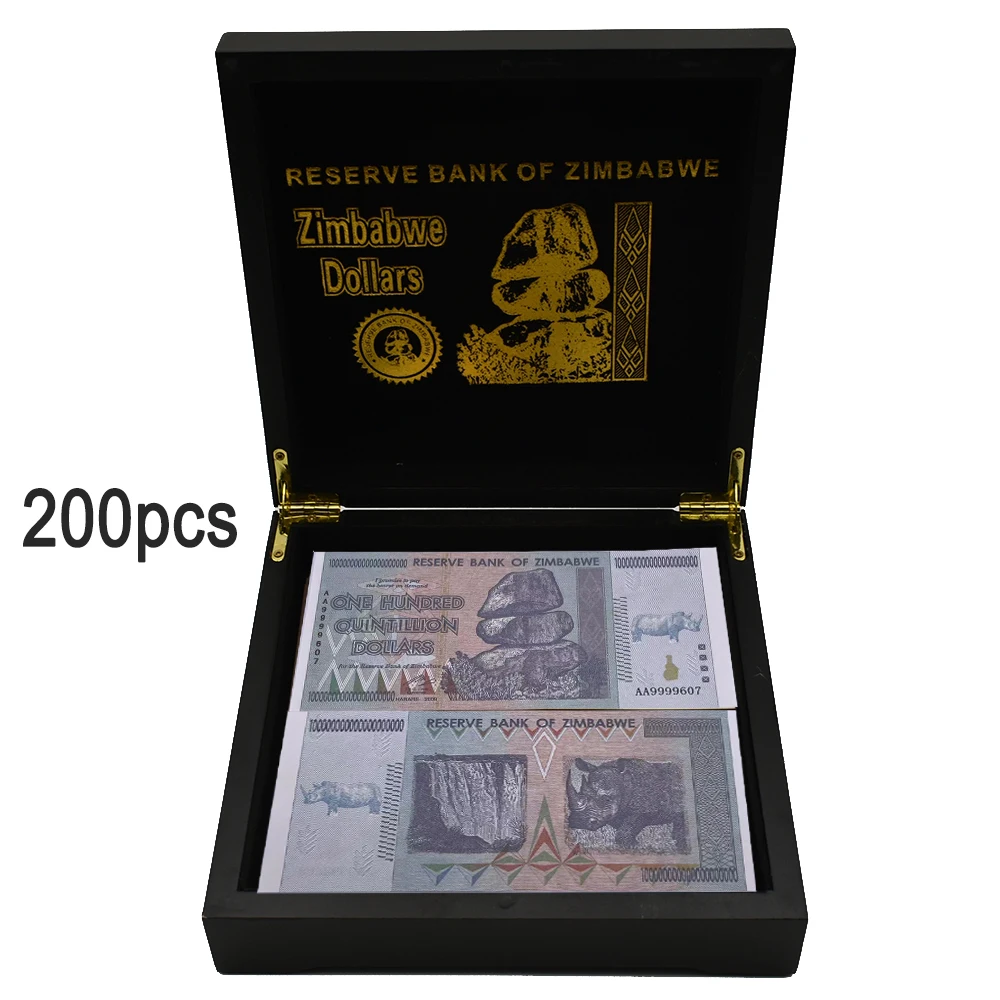 

200pcs Zimbabwe One Quintillion Dollars Bill Paper Money Box Fluorescent Money Serial Number Rhinoceros Banknotes Art Collection