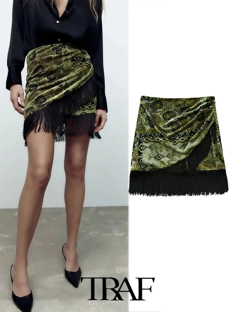 

TRAF 2022 Women Skirt Vintage New Double Breasted Mini Skirt With Fringed Velvet Print Woman Office Lady Summer Female Skirts