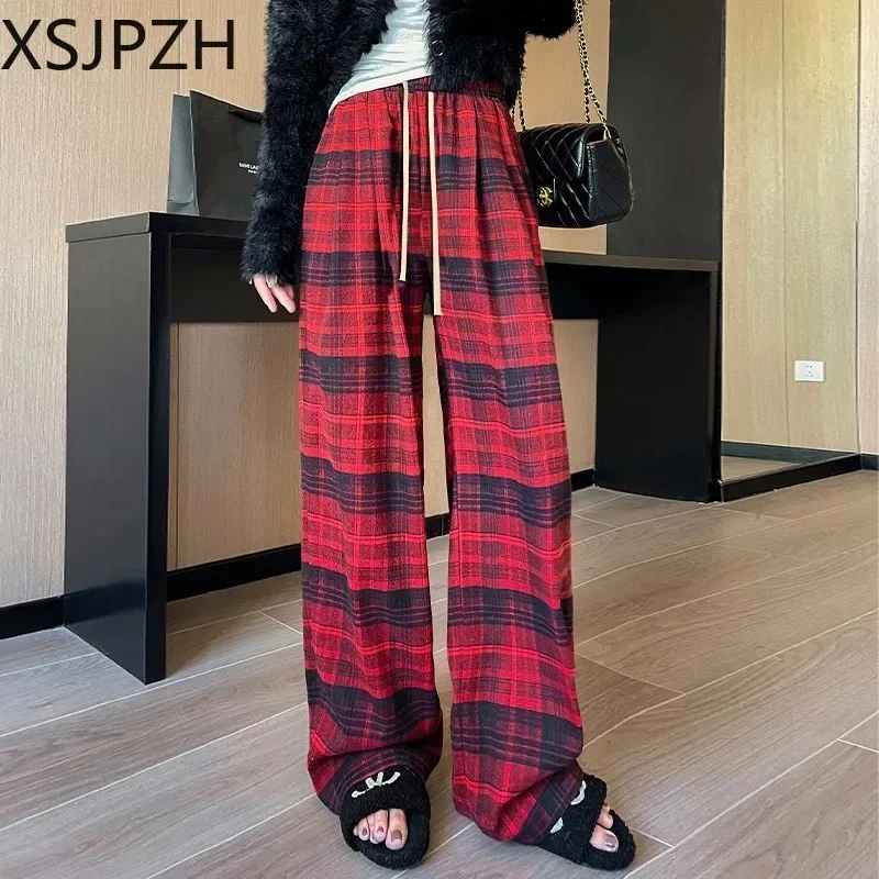 

Xsjpzh Vintage Red Woolen Plaid Trousers Women's Autumn Winter Plus Velvet High Waist Straight Leg Loose Casual Wide Leg Pants