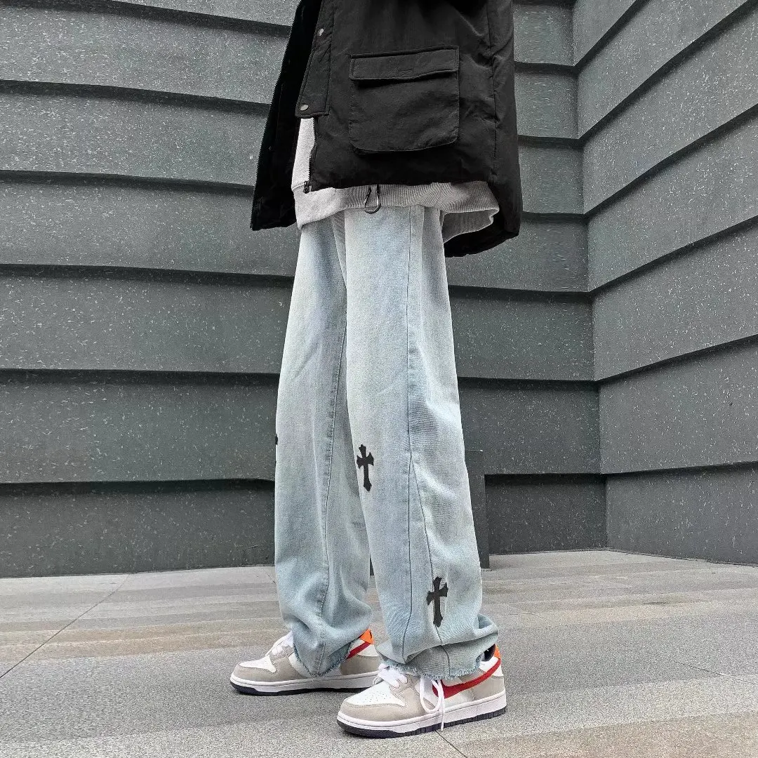 Four Seasons Trousers Men's Jeans High Street Denim Cross Straight Loose Pants Fashion Streetwear Boyfriend Jeans Ins Hot Sale