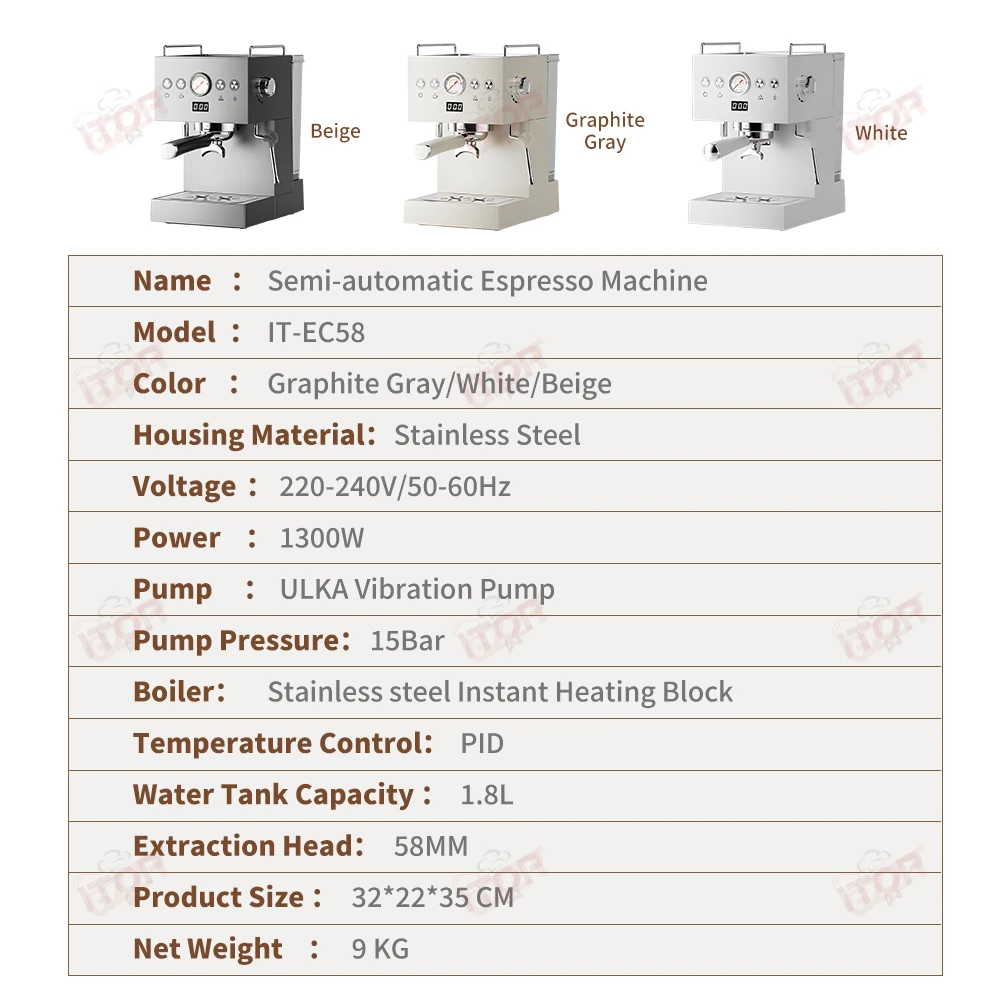 Полуавтоматическая эспрессо-машина ITOP EC58 из нержавеющей стали 15 бар