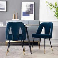 2pcs Furniture Contemporary Velvet Upholstered Dining Chair with Nailheads and Gold Tipped Black Metal Legs,Blue