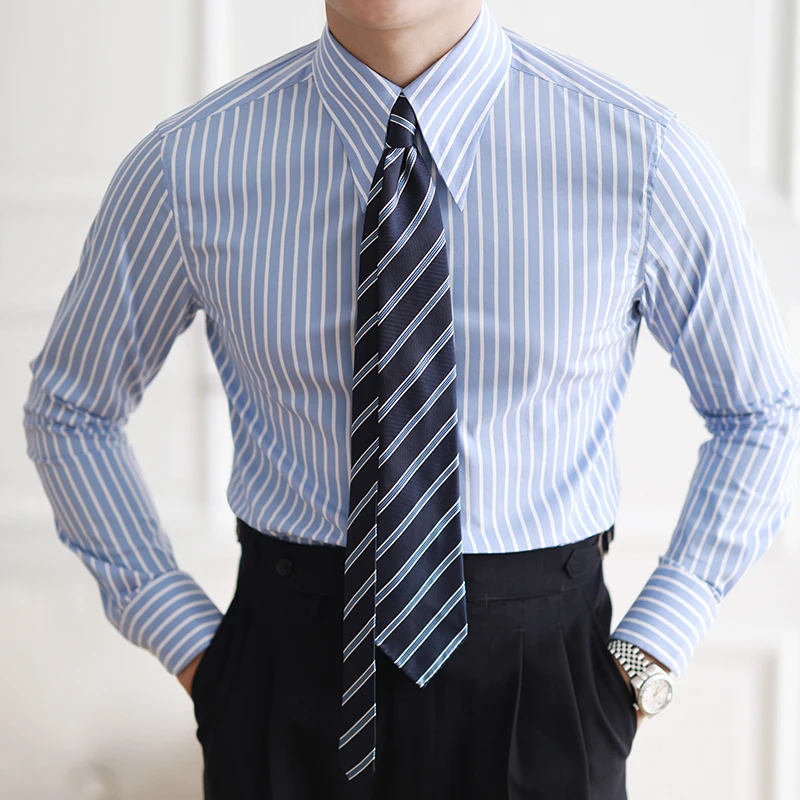

Мужская полосатая рубашка с длинным рукавом, облегающая деловая Классическая рубашка, Повседневная Уличная одежда, 2023, P245
