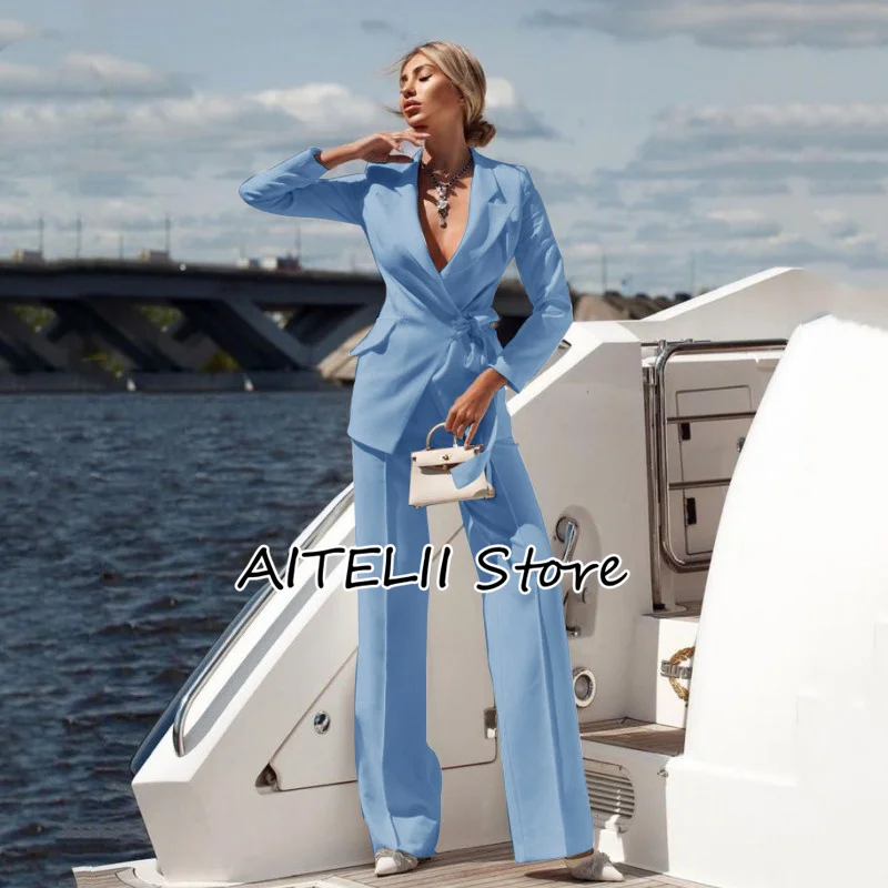 2023 Women's Suit Two-piece Suit Fashion Pure White Handsome Lapel Collar (Jacket + Trousers) Belt Deep V Suitable for Business