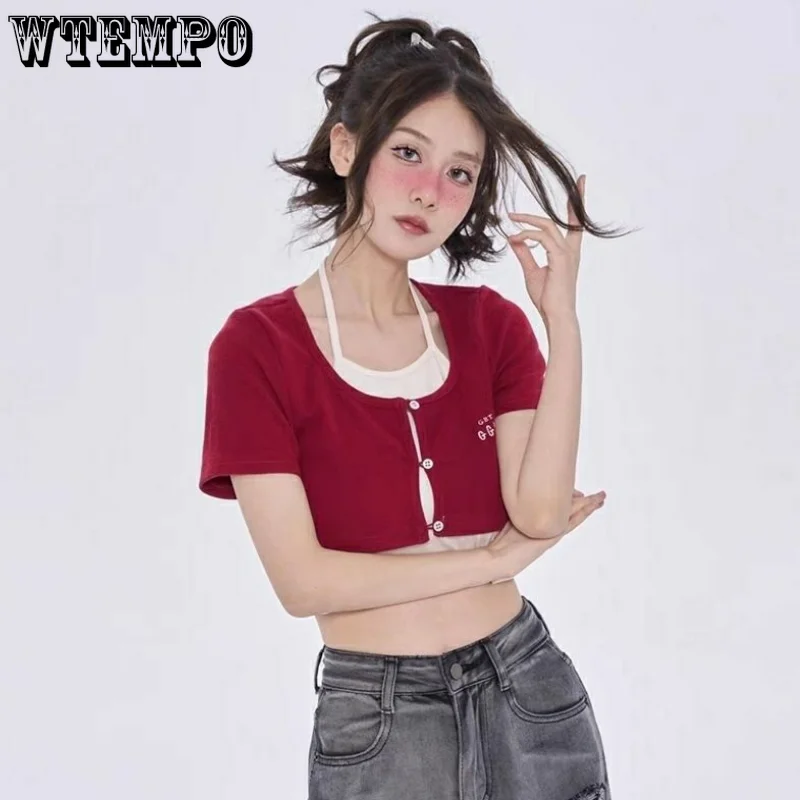 

Halter T-shirt Slim Sexy Fake Two Pieces Women Short Top High Waisted Navel Exposed Street Spicy Girl Style Fashion Y2K Korean