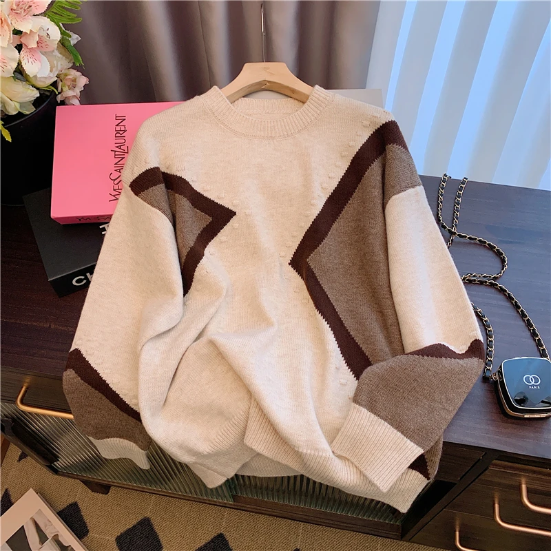 

Women's Irregular Color Matching Round Neck Knit Sweater Spring Autumn Fashion Female Warm Long Sleeve Thin Knitted Jumpers