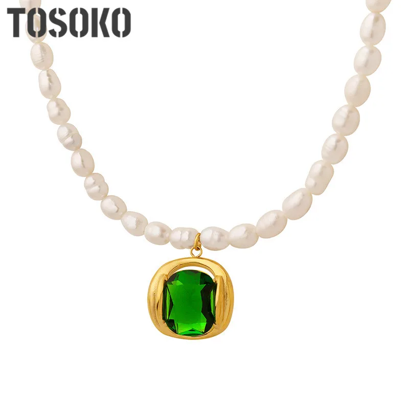 

TOSOKO Stainless Steel Jewelry Green Zircon Pendant Freshwater Pearl Necklace Women's Elegant Clavicle Chain BSP1239