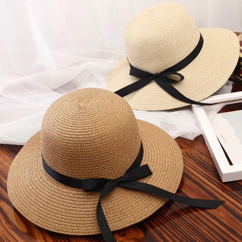 

Sun Hat Ladies Summer Beach Big Brimmed Straw Hat Seaside Vacation Sunshade Sunscreen Foldable Bow Dome Travel Straw Hat