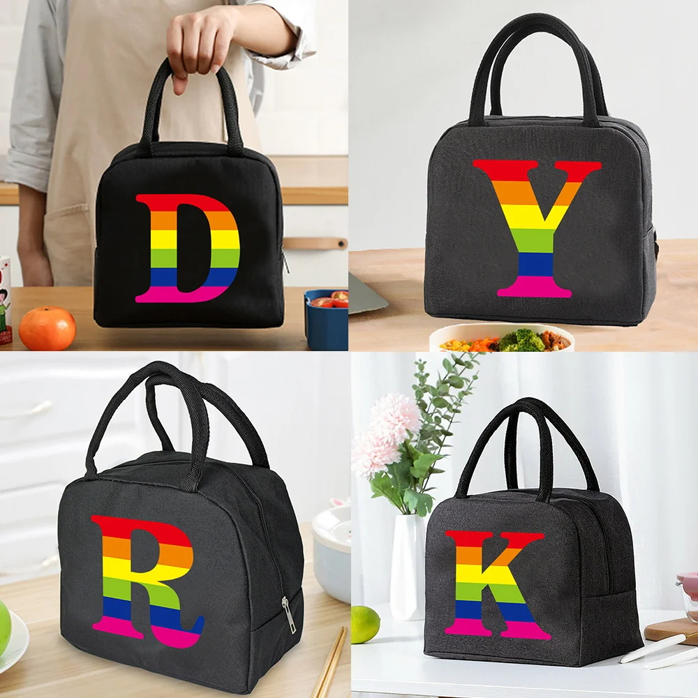 

Lunch Bag Unisex Thermal Insulated Kids Lunch Box Handbag Food Picnic for Work Cooler Storage Bag Rainbow Letter Initials Series