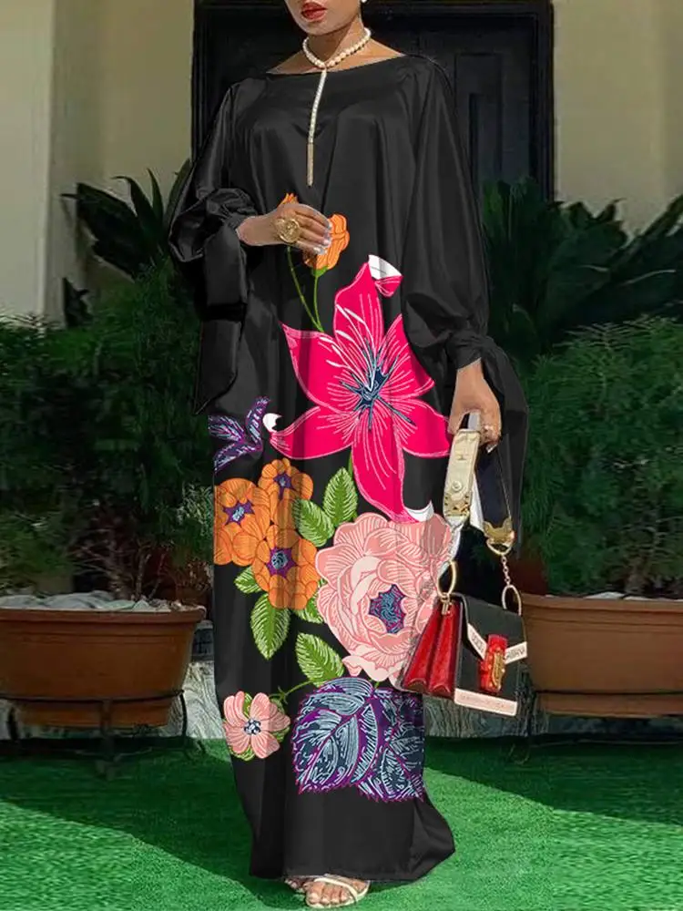 

Летнее богемное женское платье 2023, элегантное атласное платье VONDA с цветочным принтом, повседневное шелковое свободное платье макси с длинным рукавом для женщин