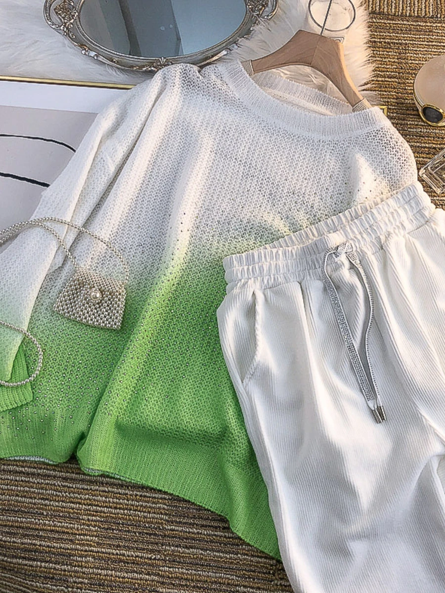 Streetwear Rhinestone Contrast Color Knitted Sweater Top Wide Leg Pants Suit Women 2022 New Autumn Sports Casual Two-Piece Set